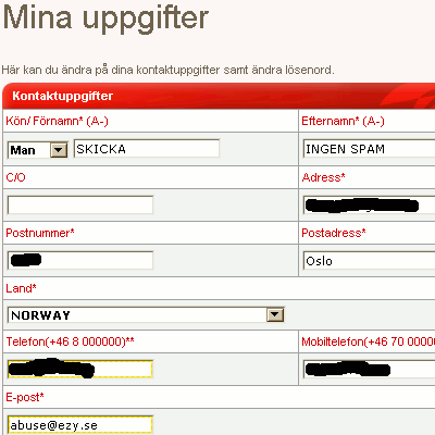 [FlyNordic &ndash; Mina uppgifter &ndash; Namn &rdquo;Skicka Ingen Spam&rdquo; &ndash; E-postadress &rdquo;abuse@ezy.se&rdquo;]