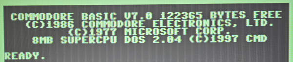 [Sk�rmbild fr�n startsk�rmen, med till�gget "8MB SUPERCPU DOS 2.04(C)1997 CMD"]